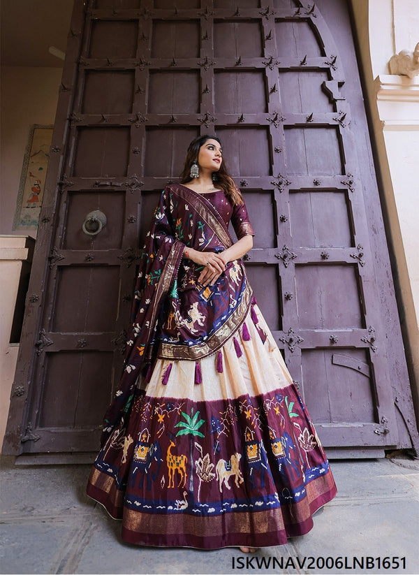 Printed Dola Silk Lehenga With Blouse And Dupatta-ISKWNAV2006LNB1651