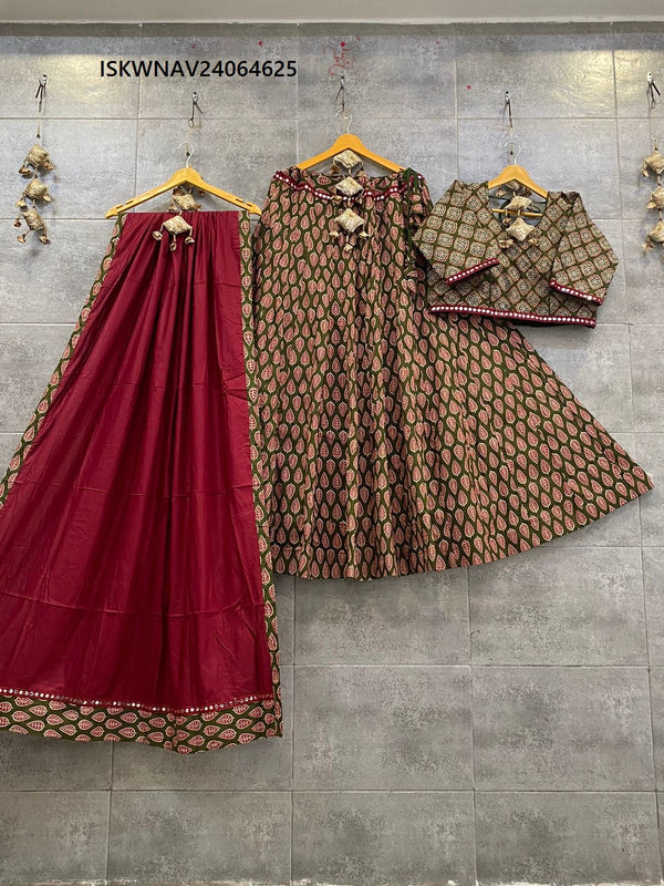 Kalamkari Printed Cotton Lehenga With Blouse And Dupatta-ISKWNAV24064625