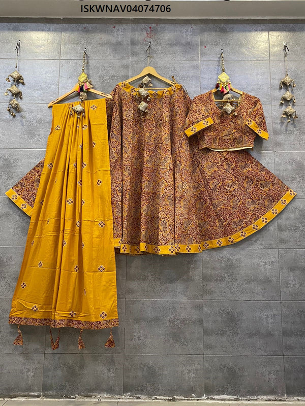 Kalamkari Printed Cotton Lehenga With Blouse And Dupatta-ISKWNAV04074706