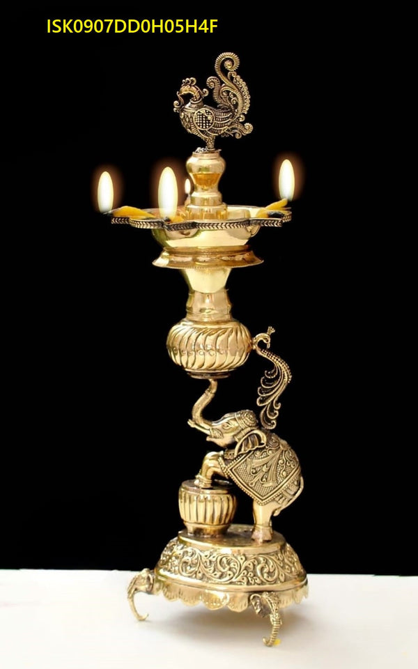 Brass Peacock Diya On Dancing Elephant-ISK0907DD0H05H4F