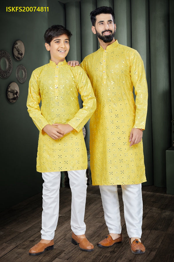 Embroidered Cotton Men's Kurta Pajama With Kid's Kurta Pajama-ISKFS20074811