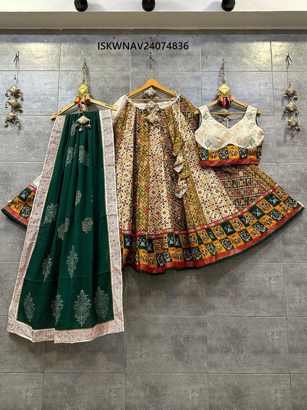 Printed Khadi Cotton Lehenga With Blouse And Dupatta-ISKWNAV24074836