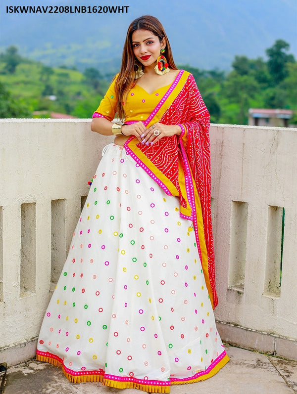 Embordered Cotton Lehenga With Blouse And Rayon Dupatta-ISKWNAV2208LNB1620WHT