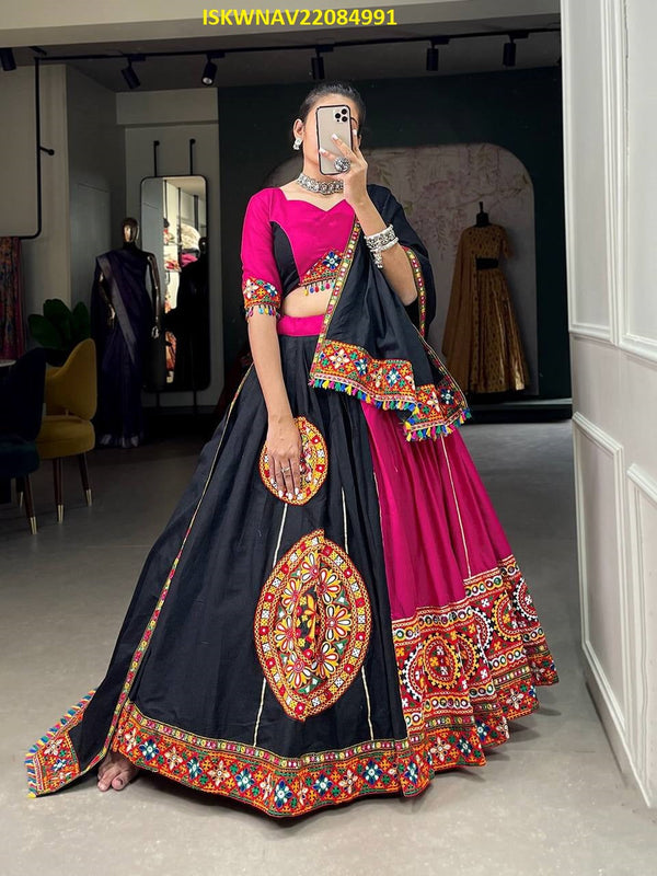 Embroidered Cotton Lehenga With Blouse And Dupatta-ISKWNAV22084991