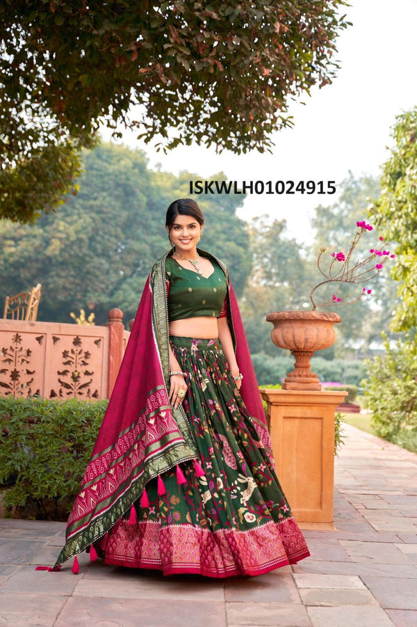 Foil Printed Tussar Silk Lehenga With Blouse And Dupatta-ISKWLH01024915