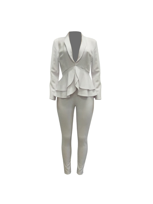 White Blazer 2 Piece Set Women Winter Work Wear Full Sleeve Ruffles Bl
